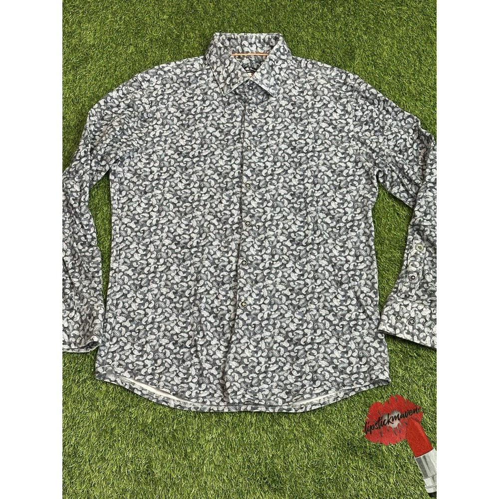 Stone Rose Shirt Men's 4 Blue Paisley Button Long Sleeve Collar